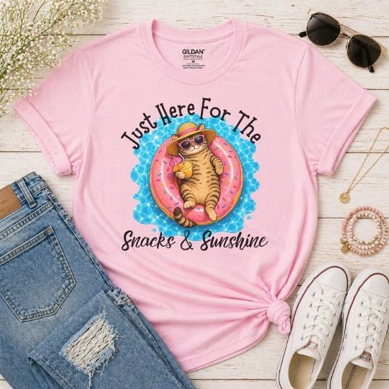 Just Here For The Snacks And Sunshine Shirt, Funny Summer Cat Shirt, Pool Cat T Shirt, Vacation Cat Tee, Cat Lover Gift, Beach Shirt