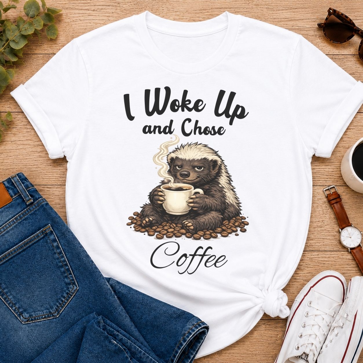 I Woke Up And Chose Coffee Shirt Funny Honey Badger Coffee Shirt Sarcastic Coffee Lover Tee Caffeine Addict Gift Funny Animal Shirt