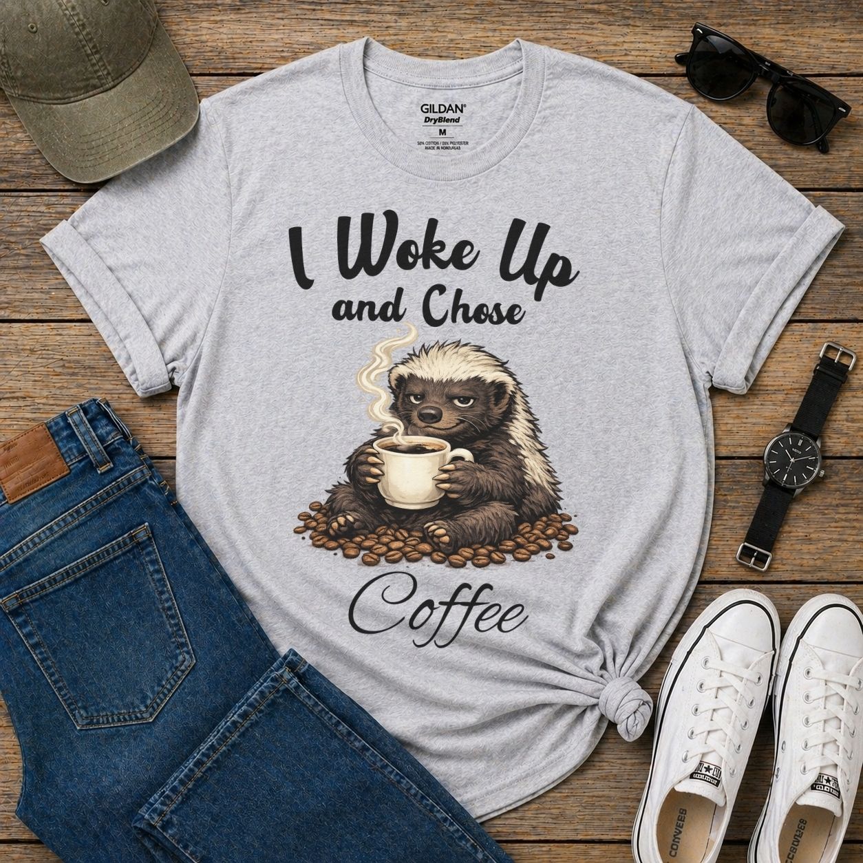 I Woke Up And Chose Coffee Shirt Funny Honey Badger Coffee Shirt Sarcastic Coffee Lover Tee Caffeine Addict Gift Funny Animal Shirt