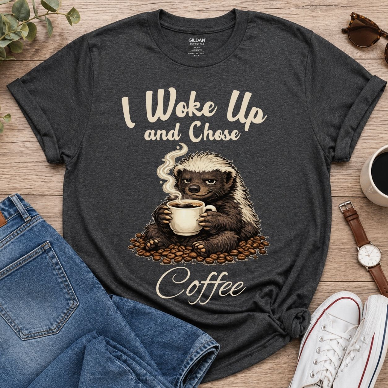 I Woke Up And Chose Coffee Shirt Funny Honey Badger Coffee Shirt Sarcastic Coffee Lover Tee Caffeine Addict Gift Funny Animal Shirt