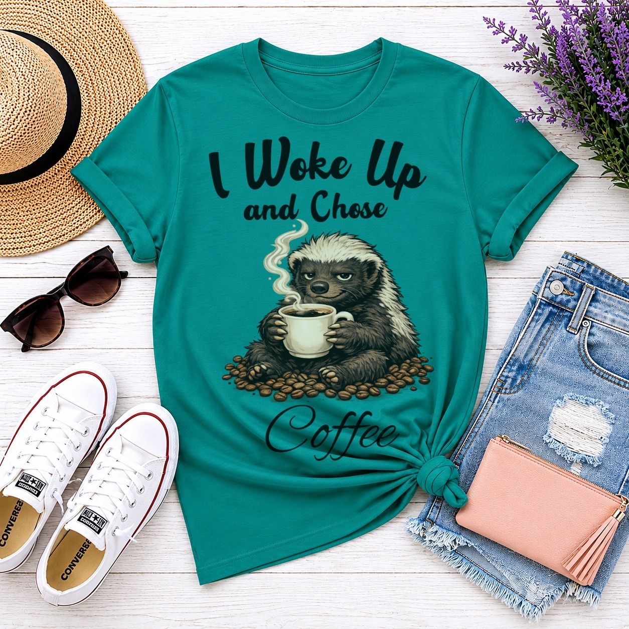 I Woke Up And Chose Coffee Shirt Funny Honey Badger Coffee Shirt Sarcastic Coffee Lover Tee Caffeine Addict Gift Funny Animal Shirt