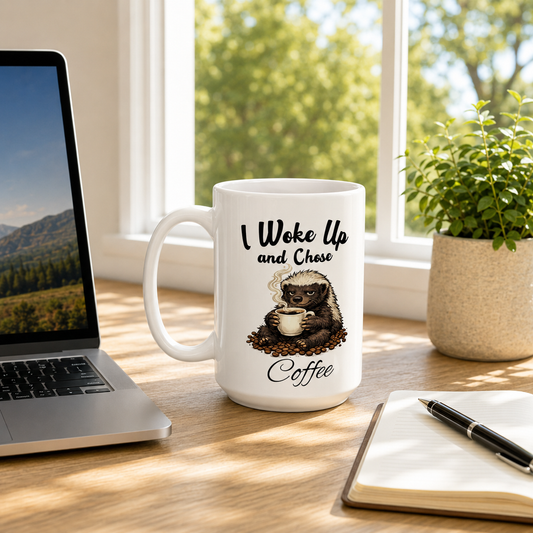 I Woke Up And Chose Coffee Mug, Funny Honey Badger Coffee Mug, Coffee Lover Gift, Sarcastic Coffee Cup, Animal Coffee Mug, Morning Coffee Mug