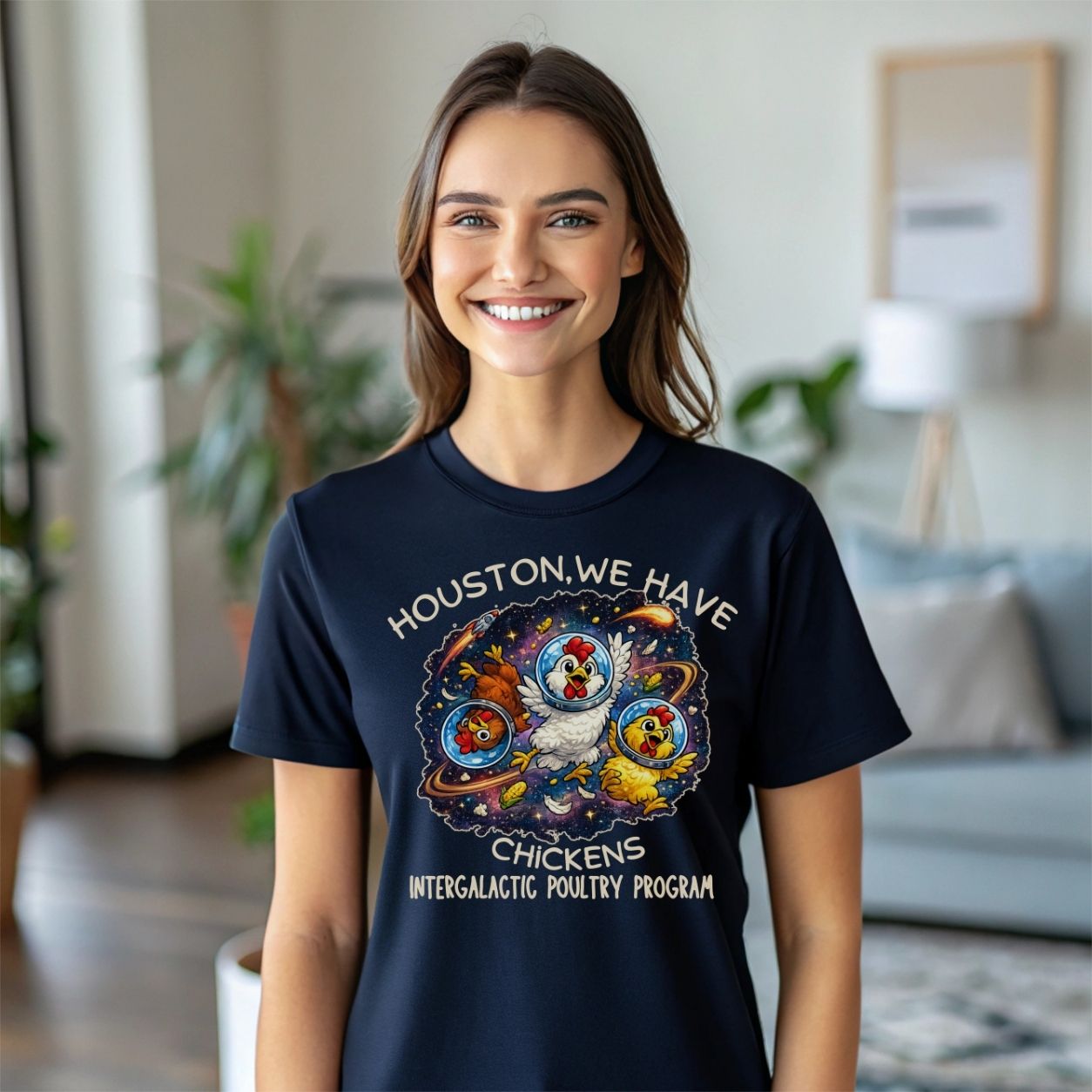Houston We Have Chickens Shirt Funny Space Chicken T Shirt Intergalactic Poultry Program Tee Funny Chicken Gift Sci Fi Humor Shirt Nerdy Animal Tee