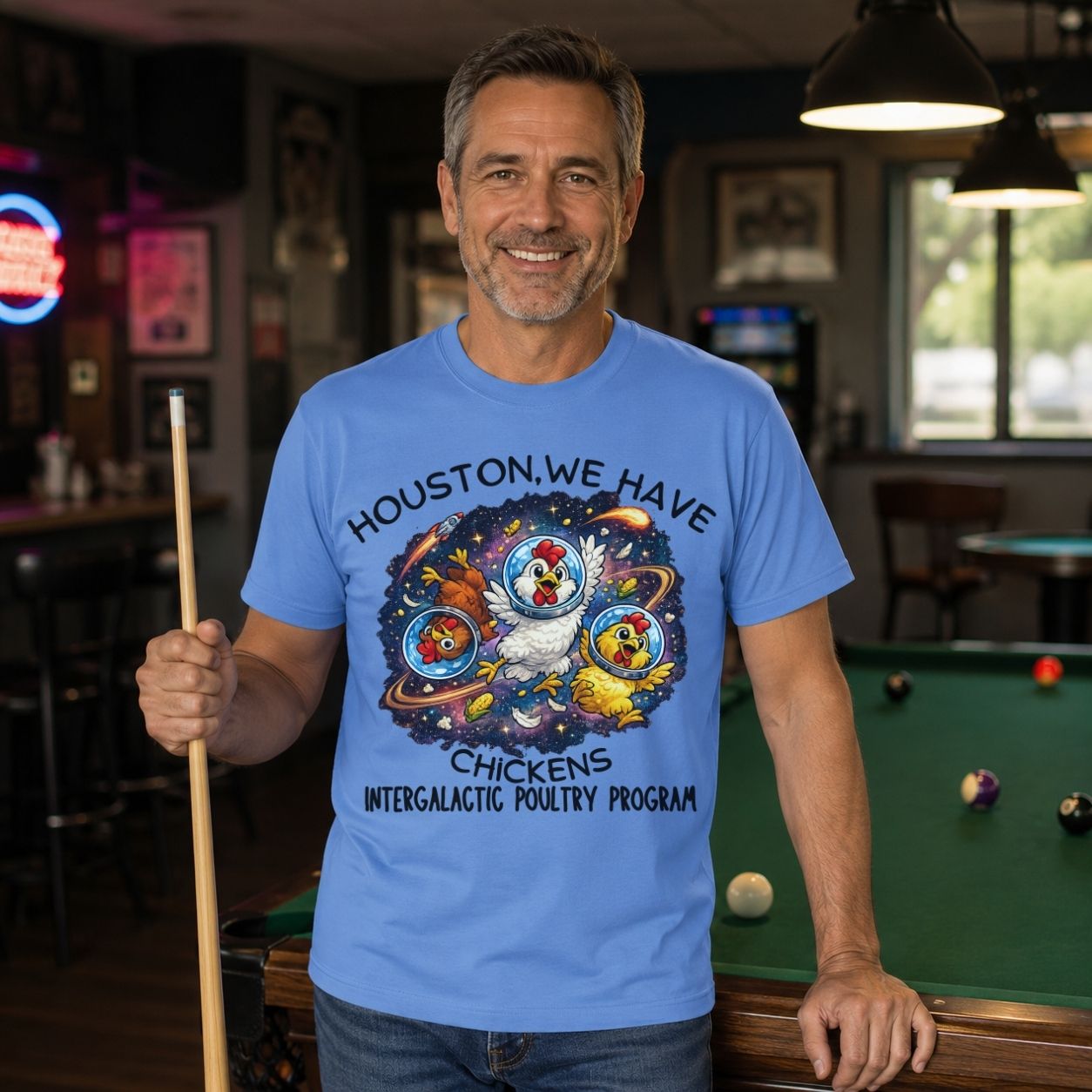 Houston We Have Chickens Shirt Funny Space Chicken T Shirt Intergalactic Poultry Program Tee Funny Chicken Gift Sci Fi Humor Shirt Nerdy Animal Tee