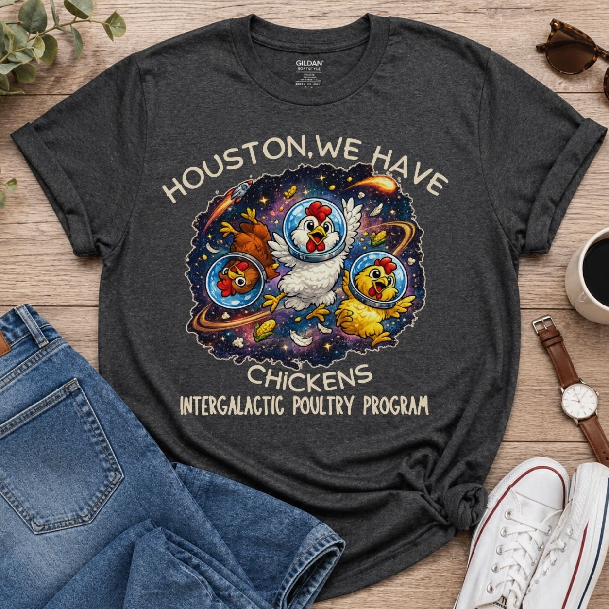 Houston We Have Chickens Shirt Funny Space Chicken T Shirt Intergalactic Poultry Program Tee Funny Chicken Gift Sci Fi Humor Shirt Nerdy Animal Tee