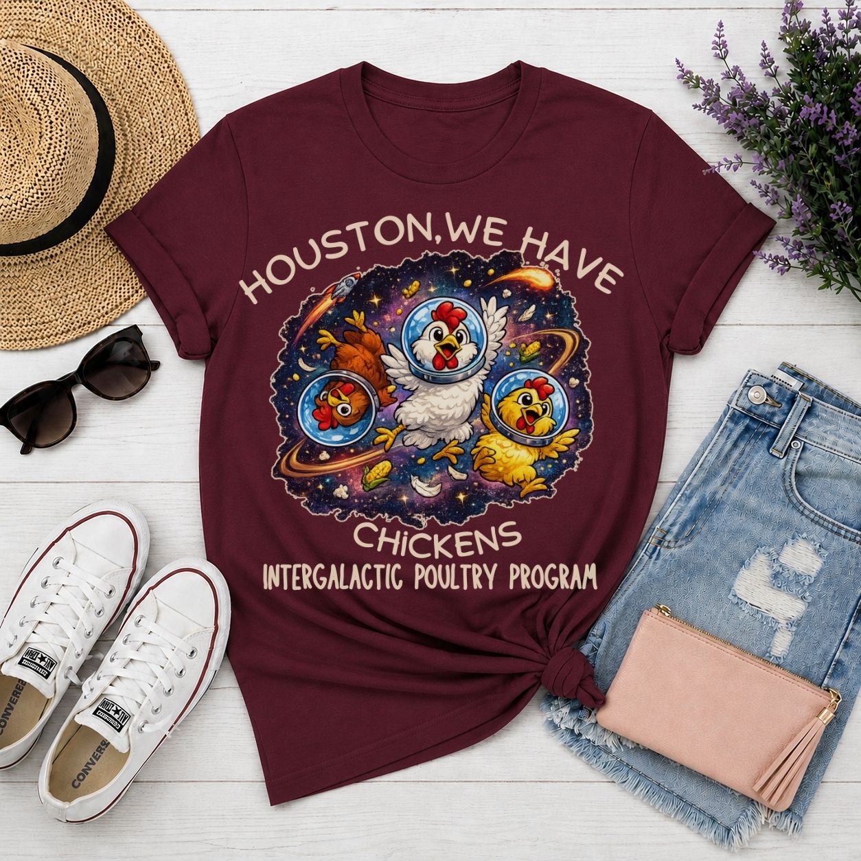 Houston We Have Chickens Shirt Funny Space Chicken T Shirt Intergalactic Poultry Program Tee Funny Chicken Gift Sci Fi Humor Shirt Nerdy Animal Tee