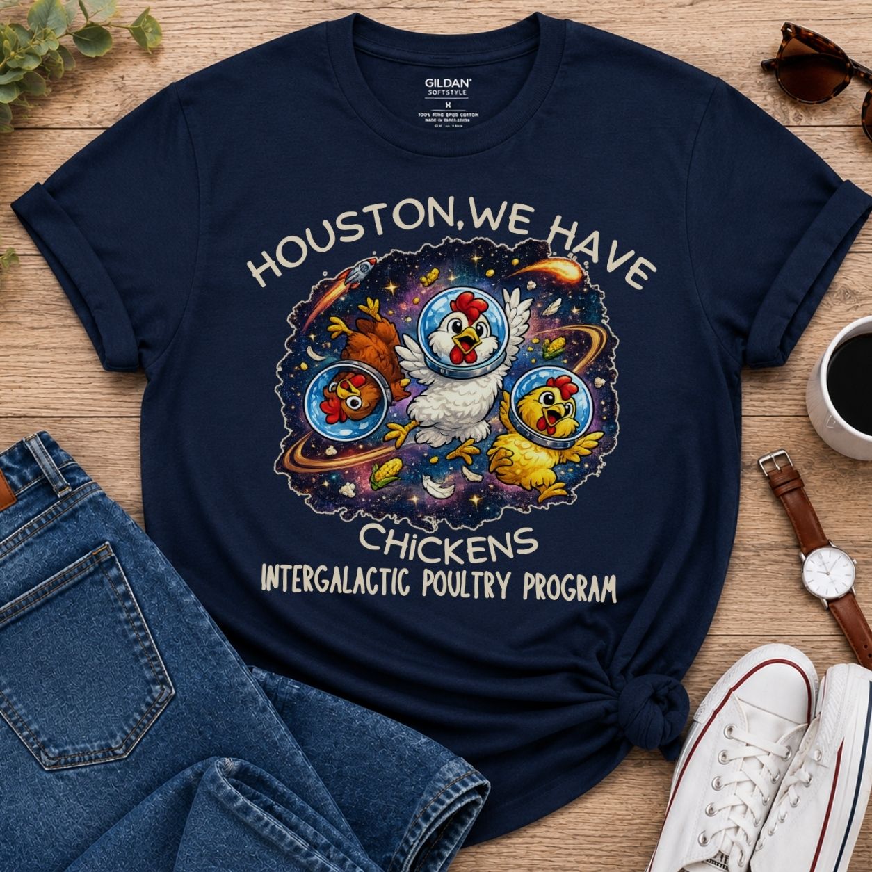 Houston We Have Chickens Shirt Funny Space Chicken T Shirt Intergalactic Poultry Program Tee Funny Chicken Gift Sci Fi Humor Shirt Nerdy Animal Tee