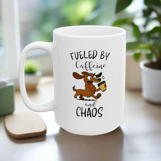 Fueled by Caffeine and Chaos Mug – Funny Dachshund Coffee Cup for Dog Lovers
