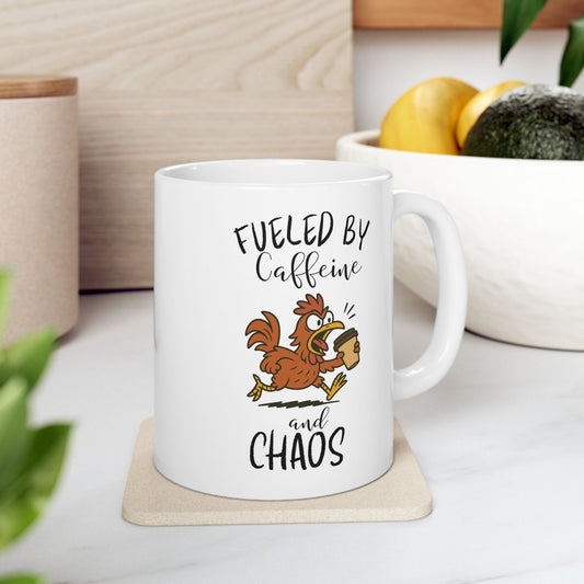 Fueled by Caffeine and Chaos Mug – Funny Chicken Coffee Cup for Animal Lovers & Morning People