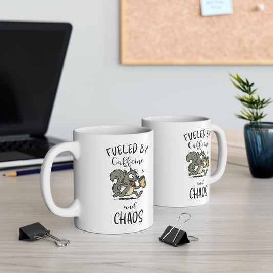 Fueled by Caffeine and Chaos Mug – Funny Squirrel Coffee Cup for Hyper Mornings
