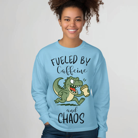 Fueled by Caffeine and Chaos Dinosaur Long Sleeve T-Shirt – Funny Coffee T-Rex Tee for Caffeine Addicts