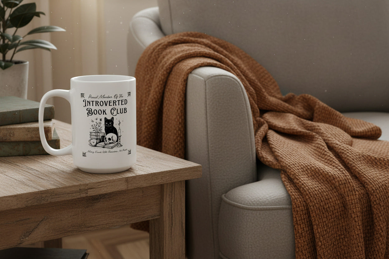 Introverted Book Club Coffee Mug – Literary Cat Reader Mug for Book Lovers, Introverts & Cozy Readers