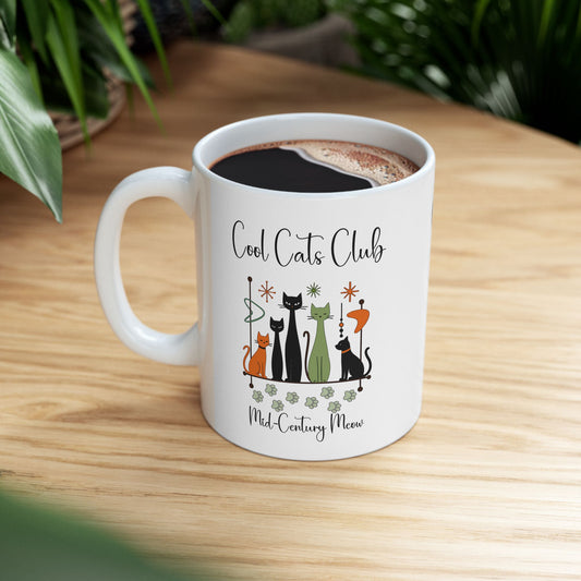 Cool Cats Club Coffee Mug – Mid-Century Modern Cat Mug for Cat Lovers, Retro Style & Cozy Coffee Moments