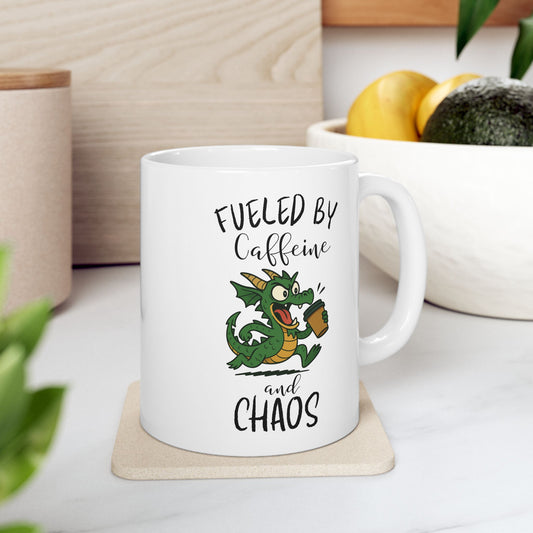Fueled by Caffeine and Chaos Mug – Funny Dragon Coffee Cup for Fantasy Fans