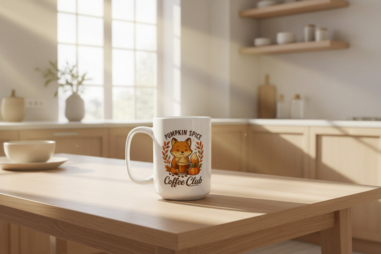 White mug with a fox holding a pumpkin spice latte and text 'Pumpkin Spice Coffee Club' on a white background