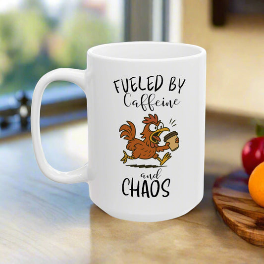 Fueled by Caffeine and Chaos Mug – Funny Chicken Coffee Cup for Animal Lovers & Morning People