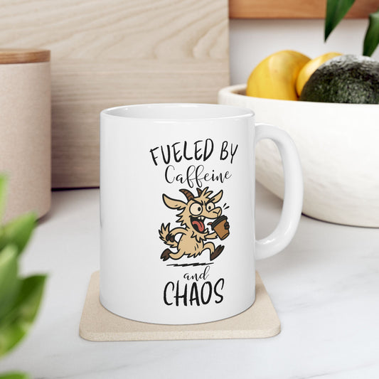 Fueled by Caffeine and Chaos Goat Mug – Funny Coffee Cup for Animal Lovers