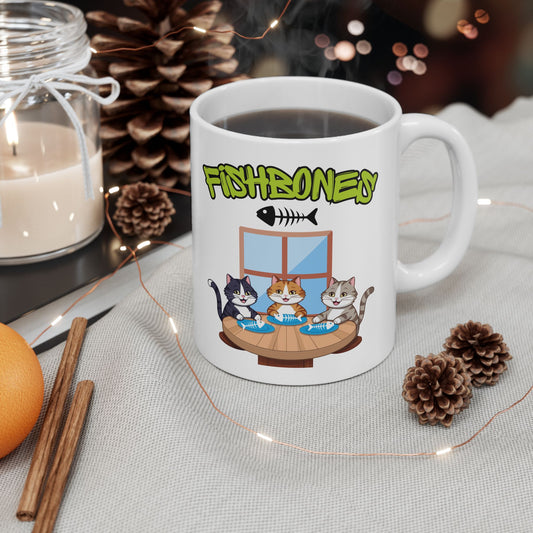 Fishbones Cat Mug – Funny Cat Lover Coffee Mug, Cute Cats & Fish Pun Gift
