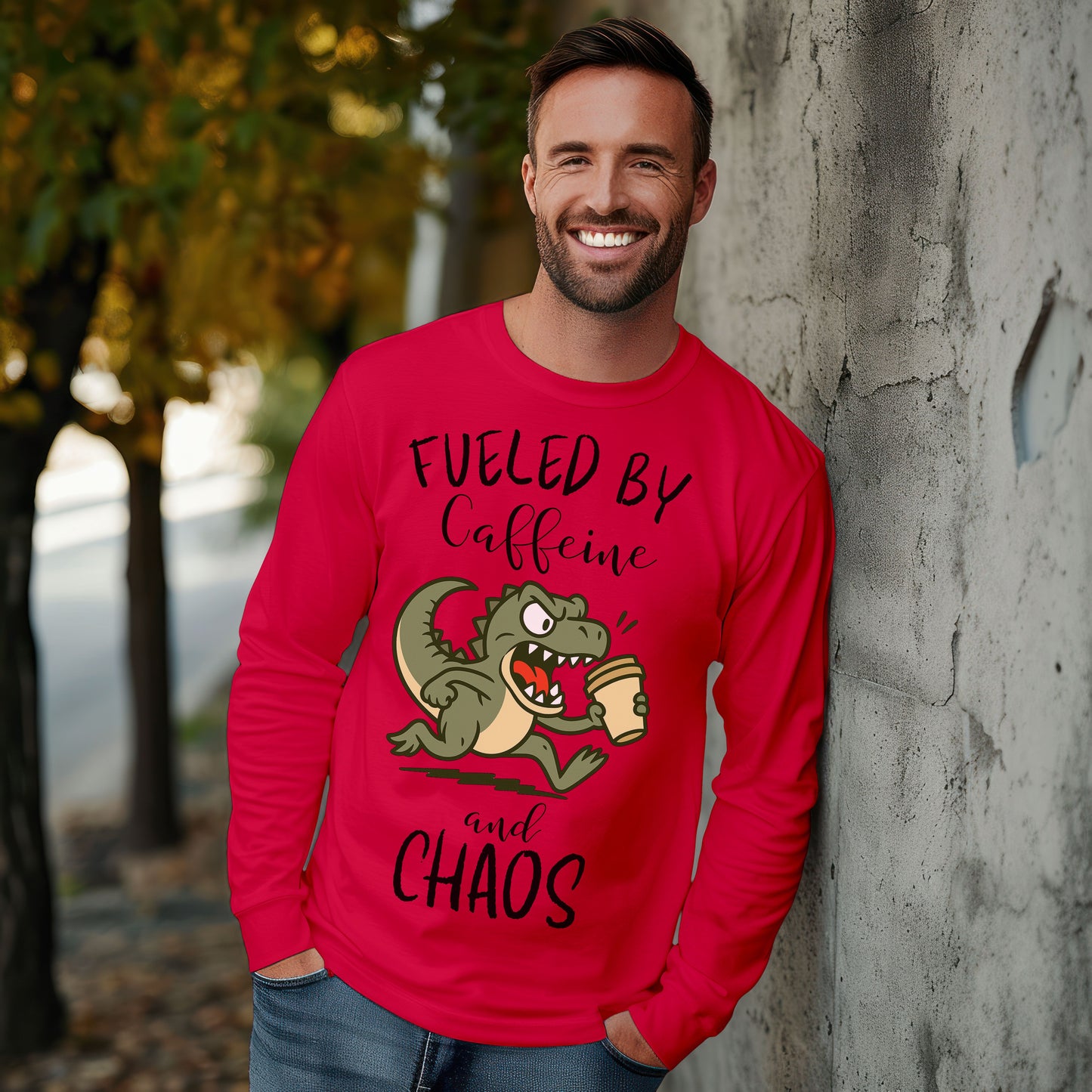 Fueled by Caffeine and Chaos Dinosaur Long Sleeve T-Shirt – Funny Coffee T-Rex Tee for Caffeine Addicts