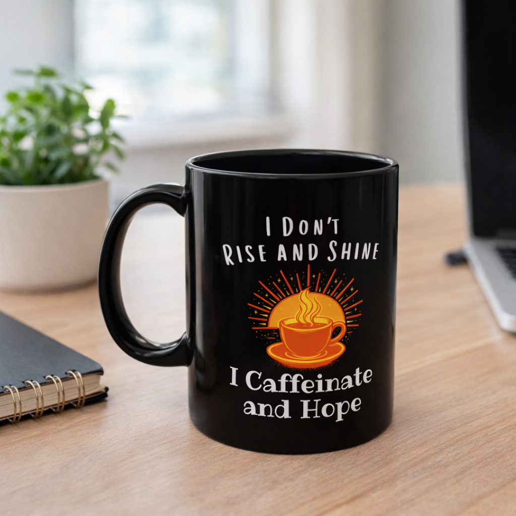 I Don’t Rise and Shine I Caffeinate and Hope Coffee Mug – Funny Coffee Lover Mug, Sarcastic Morning Mug, Ceramic Mug Gift