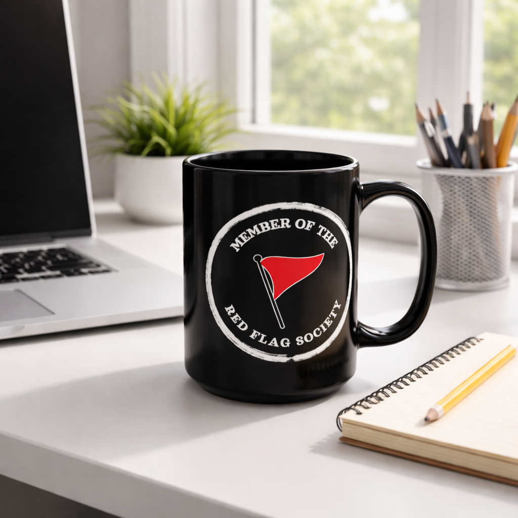 Red Flag Society Mug – Funny Dating Humor Coffee Cup | 11oz & 15oz White or Black Mug Gift