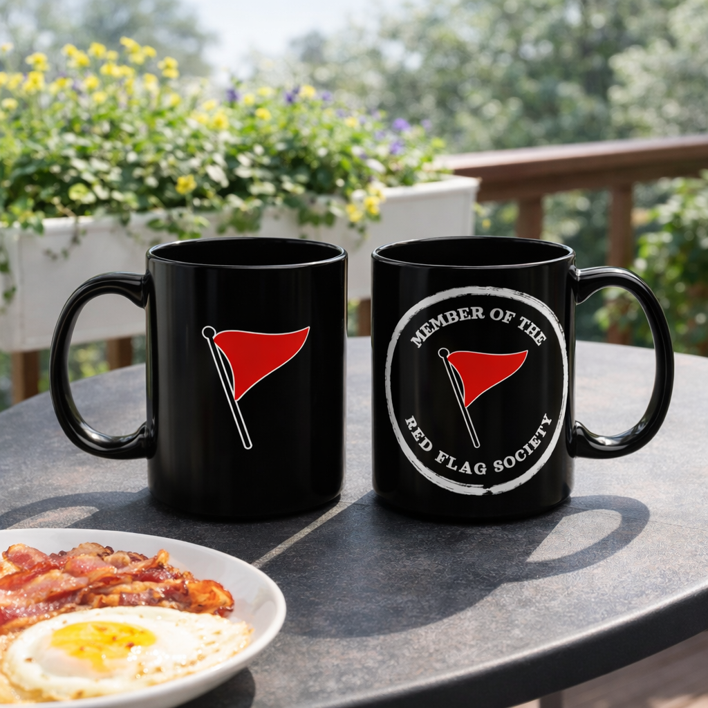 Red Flag Society Mug – Funny Dating Humor Coffee Cup | 11oz & 15oz White or Black Mug Gift