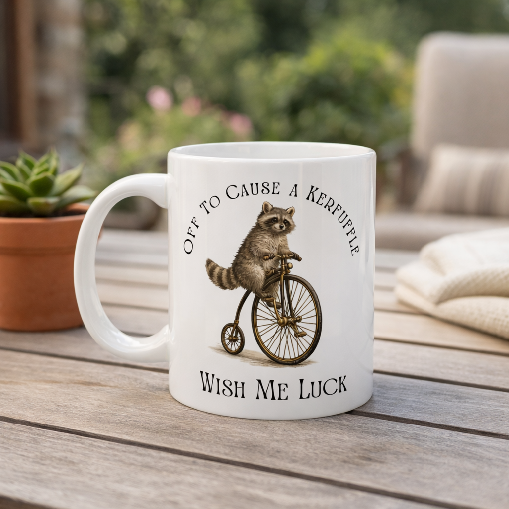Off to Cause a Kerfuffle Raccoon Mug – Funny Coffee Mug, Cute Animal Mug, Sarcastic Gift, Morning Humor Cup