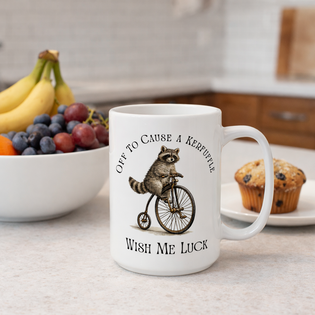 Off to Cause a Kerfuffle Raccoon Mug – Funny Coffee Mug, Cute Animal Mug, Sarcastic Gift, Morning Humor Cup