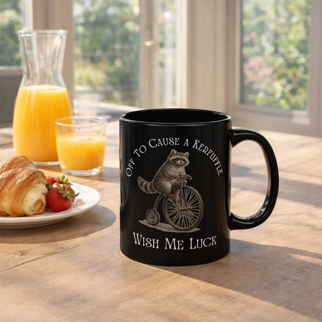 Off to Cause a Kerfuffle Raccoon Mug – Funny Coffee Mug, Cute Animal Mug, Sarcastic Gift, Morning Humor Cup
