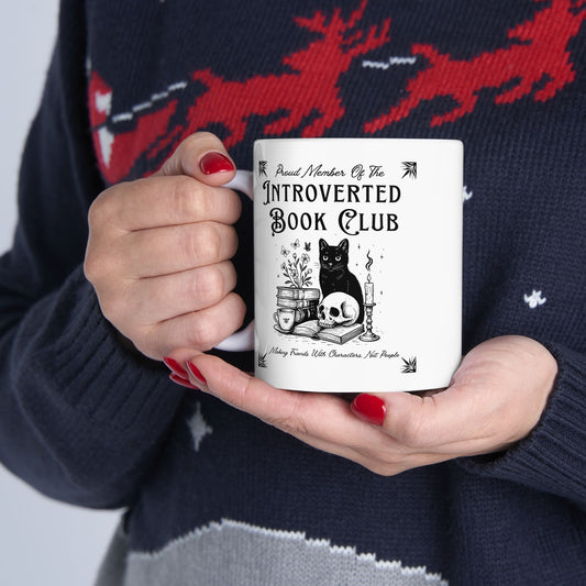 Introverted Book Club Coffee Mug – Literary Cat Reader Mug for Book Lovers, Introverts & Cozy Readers