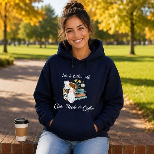 Cats Books And Coffee Hoodie Bookish Sweatshirt Bookworm Gift Reading Hoodie Bibliophile Gift Librarian Sweatshirt
