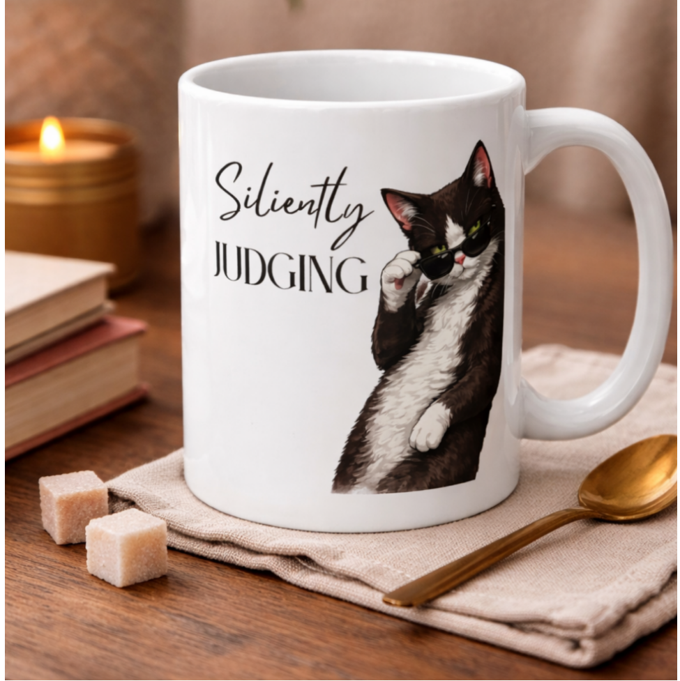 Silently Judging Cat Mug – Funny Sarcastic Coffee Mug, Cat Lover Gift, Black & White Cat Mug, 11oz & 15oz