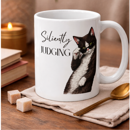 Silently Judging Cat Mug – Funny Sarcastic Coffee Mug, Cat Lover Gift, Black & White Cat Mug, 11oz & 15oz