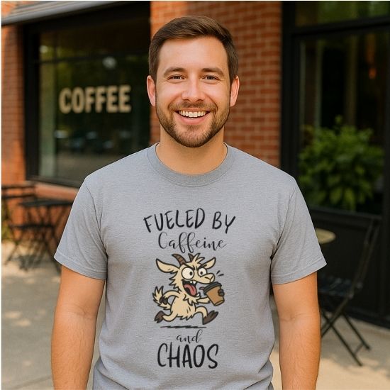 Fueled by Caffeine and Chaos Goat T-Shirt – Funny Coffee Farm Animal Tee for Goat Lovers