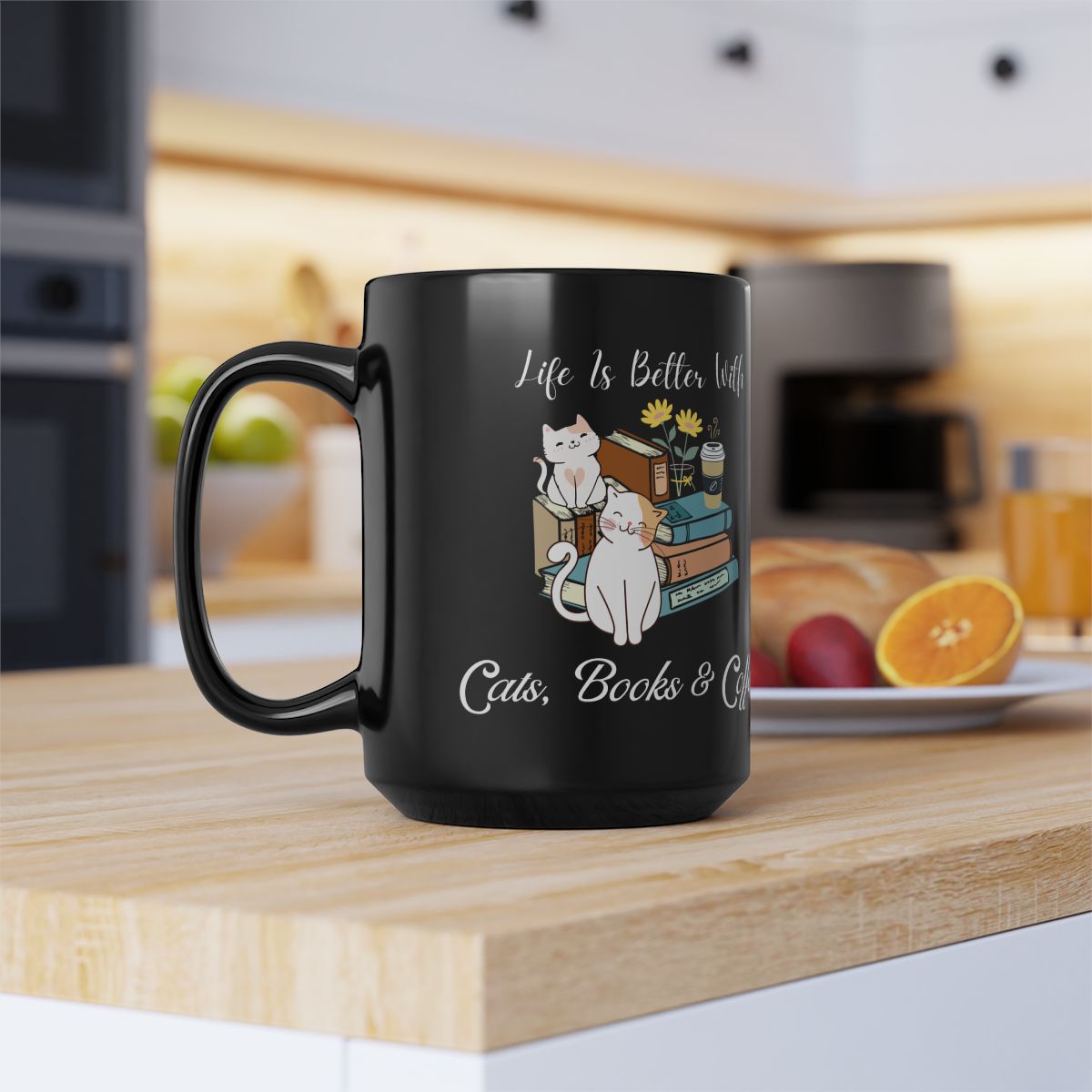 Life Is Better With Cats, Books & Coffee Mug - Cute Cat Lover Gift - Book and Coffee Enthusiast Coffee Cup