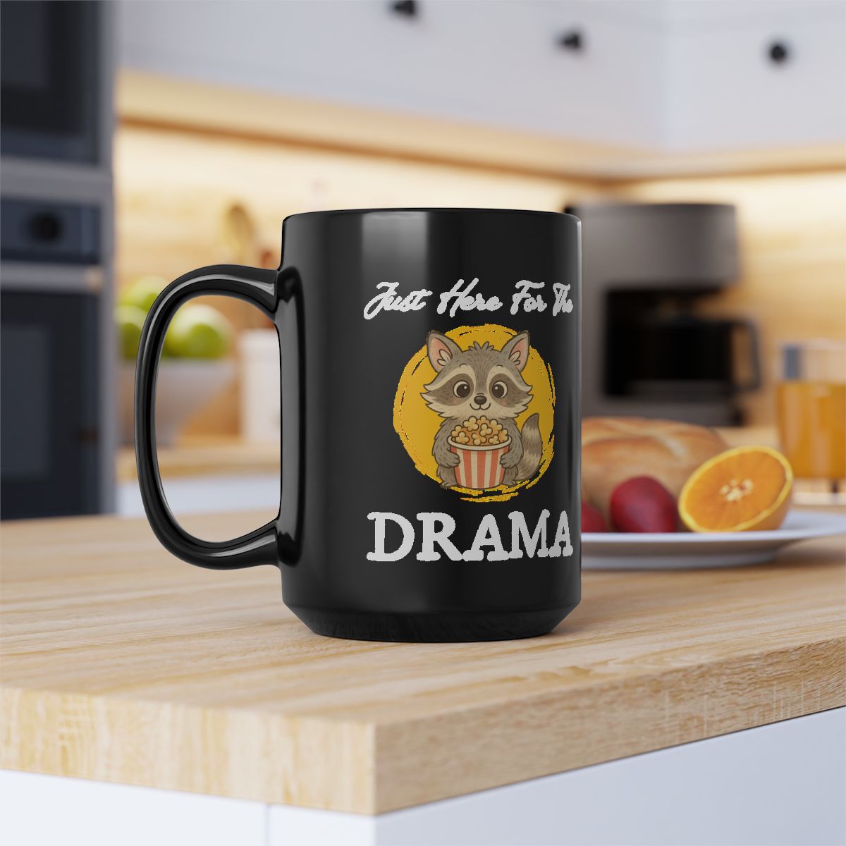 Just Here for the Drama Mug – Funny Raccoon Coffee Mug, Sarcastic Cute Mug for Gossip Lovers