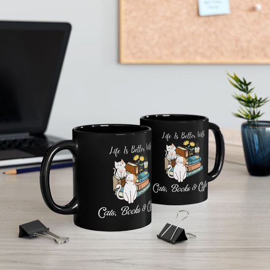 Life Is Better With Cats, Books & Coffee Mug - Cute Cat Lover Gift - Book and Coffee Enthusiast Coffee Cup